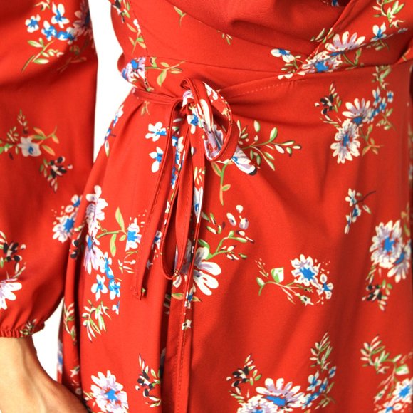 Dokotoo Mini Wrap Dress Floral Brick Adjustable - Picture 3 of 4